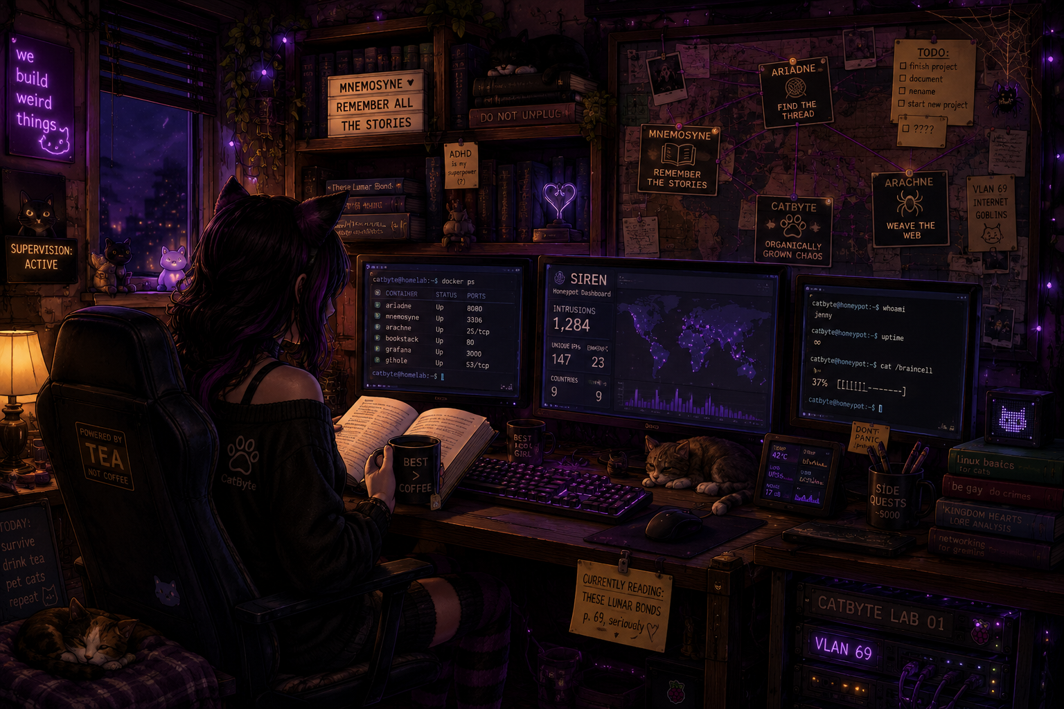 Dark cozy coding desk with a cat watching multiple monitors